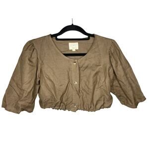 First Rite Button Blouse Brown Women's Small Linen Rayon Crop Lagenlook Modern